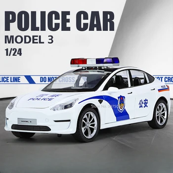 1/24 Легкосплавная Модел Кола Играчки Tesla Model 3 Полицейска кола Висока Симулация на Метални Леене под Налягане Играчка Превозни Средства се прехвърлят обратно Назад Детски Празнични Подаръци