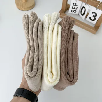 1 Чифт зимни утолщенных чорапи за жени и момичета, меки плюшени чорапи със средна дължина, модни топли памучни чорапи Soild Color, Кафе кърпа