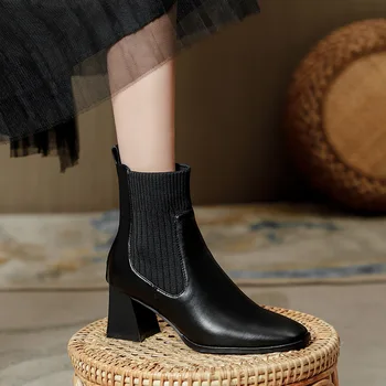 2023 Есен/Зима, Нови дамски обувки Martin в Британски стил с Квадратни пръсти, Пролетно-есенни фини обувки на висок ток, Еластични ботуши w-0c061
