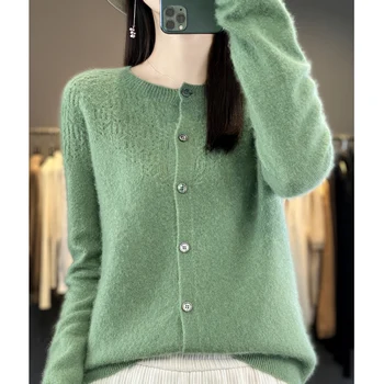 2023 Новият есенно-зимния пуловер, женски вязаный жилетка с кръгло деколте и дълги ръкави от 100% вълна, първокласен готови за чорап пуловер, палто