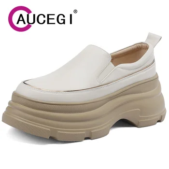 Aucegi/2023, Висококачествени Обувки-лодка от естествена кожа на платформа и дебел ток, Дамски Ежедневни обувки с кръгло бомбе, Марка на луксозни обувки за татко