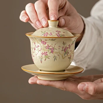Bg Яо Керамични Гайвань За Чай, супа от супник с цветя, праскова, Комплект за Чай прибори, Китайски Старинни Чаша Чай, Жълт Чаван