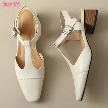 danxuefei/ дамски сандали, летни 2023, дамски обувки-лодка в ретро стил от естествена кожа с квадратни пръсти и т-образно каишка на най-ниското ток 3.5 cm, разпродажба