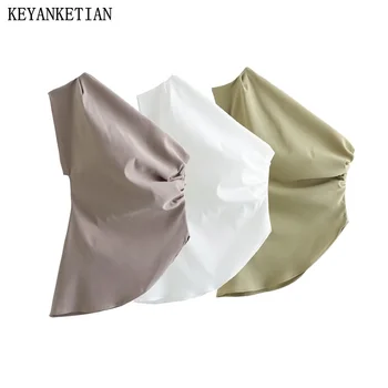KEYANKETIAN/ Нов летен асиметричен дизайн с едно рамо, Жена топ без ръкави, Шик монтиране плиссированный пуловер, риза за междуградски пътувания
