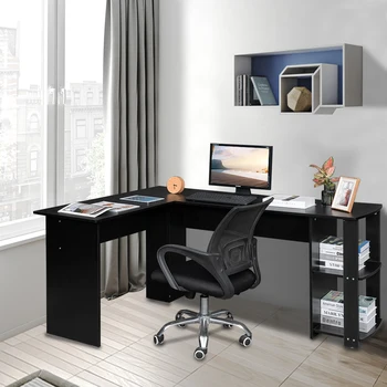 L-образни дървени офис компютърно бюро с 2 слоя рафтове, Голяма черна офис мебели, Компютърни бюра