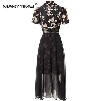 MARYYIMEI Модерно лятно женствена рокля с висока яка и мъниста за нокти, рокли в стил мозайка с къс ръкав и цветна принтом