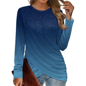 Великолепната Женска тениска с неравна подолом, Кръгло деколте и Дълъг ръкав, Свободно намаляване, Дълги Тениски, Ежедневни улични тениски Camiseta
