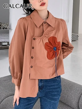 Дамска блуза GALCAUR с флорални принтом, на Ревера, Дълъг ръкав, Однобортный, Нередовен Подгъва, Ретро Хит, Луксозни ризи женски цветове