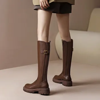 Дамски ботуши над коляното, Дамски обувки, сабо джоб с кръгло бомбе, дамски Ботуши над коляното на платформата от средна каучук, Големи Размери, Ток-Копито в стил 