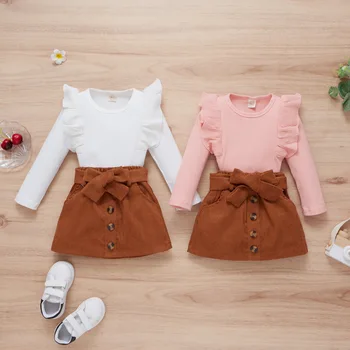 Детски дрехи Есен-зима, однотонная тениска с дълъг ръкав за момичета и вельветовая пола, модерен комплект от две части за момичета