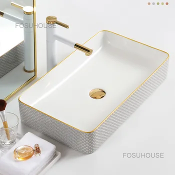 Домашен мивка златист цвят, Луксозни мивки за баня, Керамичен умивалник върху платформата, Квадратни мивки за баня, творчески мивки за измиване на Ф