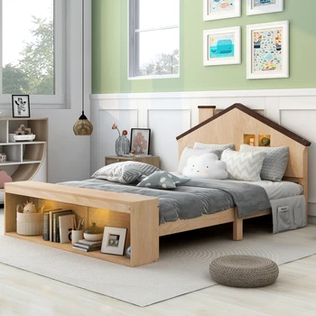Дървено легло-платформа в реален размер с led подсветка и възможност за съхранение, лесна за монтаж за мебели за спалня на закрито