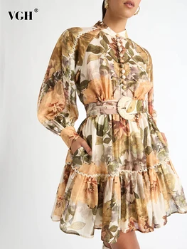 Елегантна рокля с флорални принтом VGH за жени, яка-часова, Буйни ръкави, Висока Талия, Лоскутный колан, Темпераментни рокли, Дамски 2023