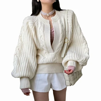 Есенно-зимния усукана пуловер, Дамски пуловер, Корейски Шик Свободен жена пуловер, Всекидневни кратък трикотажный жилетка, женски 2023