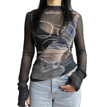 Женска тениска с естетически принтом Y2K, Приталенная Окото риза с Дълъг ръкав и Имитация на шията, Блузи, Секси Прозрачна риза, Есенна Топ