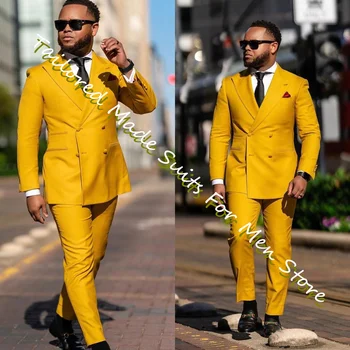 Жълти луксозни дизайнерски мъжки комплекти блейзеров, Смокинг на Булката, Костюм за мъже, Шик и елегантен, Двойна ракла, Класическо официално облекло, 2 броя