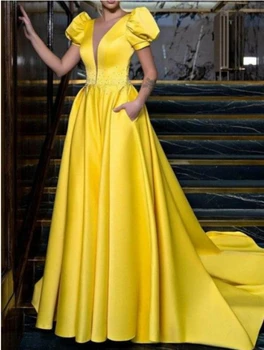 Лятно дамско секси вечерна рокля с дълбоко V-образно деколте и ръкав-мехурчета, модерно жълта рокля в пода