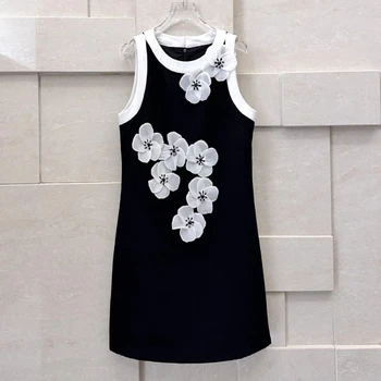 Лятото женствена рокля с високо качество в корейски стил, сладка черна рокля без ръкави с цветен печат C164