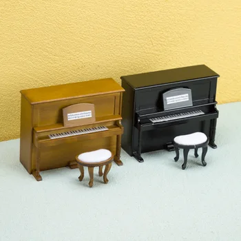 Малко Дървено Луксозно Пиано с табуреткой 1: 12, модел на музикалния инструмент за куклена къща, играчки за игри, аксесоари за детски подарък