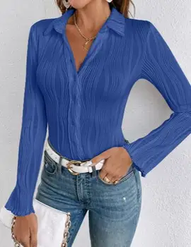 Модерен дамски Блуза 2023, Пролетта Отложной яка, копчета, Ежедневни базова однотонная риза с дълъг ръкав, Ежедневни текстурирани върховете Y2K