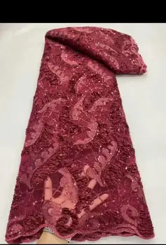 Модни африканска лейси плат 2023, най-новата индийска тъкан сари, Висококачествен тюл, вино-червено дантелено сватбена рокля с пайети, материал YYZ87
