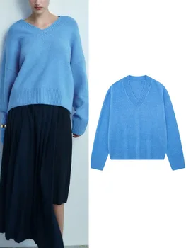 Модни дамски обикновена възли пуловери ТРАФИКА, Есен-зима 2023, Ретро Елегантен женски пуловер с дълъг ръкав и V-образно деколте