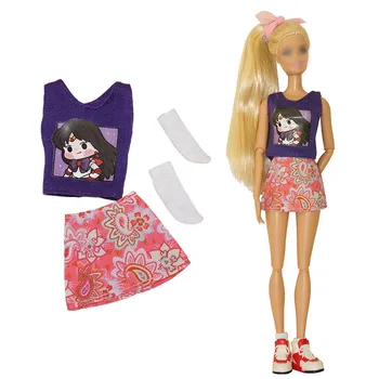Модни лилава тениска с анимационни принтом, Топ, Розова пола с цветен модел, Чорапи, Комплект дрехи за кукли Барби, облекло за кукли 1/6, Аксесоари за кукли