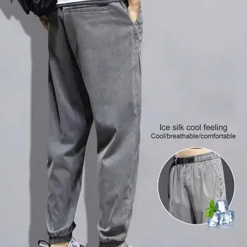 Мъжки прави панталони, Мъжки панталони-зреещи от дишаща естествена коприна лед, Еластичен колан, меки еластични джобове за отдих