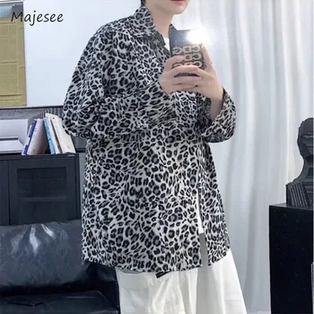 Мъжки ризи, леопардовые широки Удобни универсални японски ежедневни Harajuku, градинска дрехи за почивка, Естетика Напреднали модерен градски момче