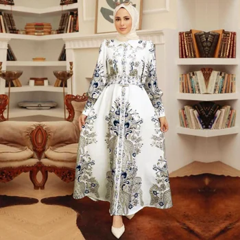 Мюсюлманската рокля-абаят 2023, Бяло приталенное рокля с голяма пола с принтом, Женски мюсюлмански стилна елегантна женствена рокля