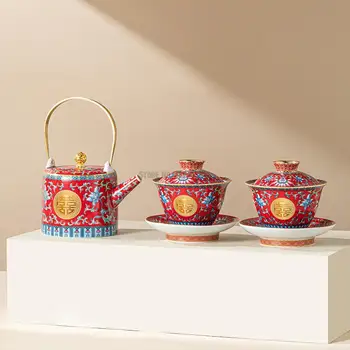 Нова чаена чаша за двойки, купата с червена покривка, чай, комплект за чай саксии, сватбено тържество, сватба в китайски стил