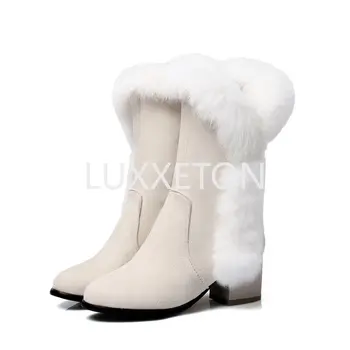 Нови зимни дамски обувки, ежедневни топли кожени ботуши до средата на прасците, Дамски зимни обувки на танкетке с кръгла пръсти, без закопчалка, обувки Muje, големи размери