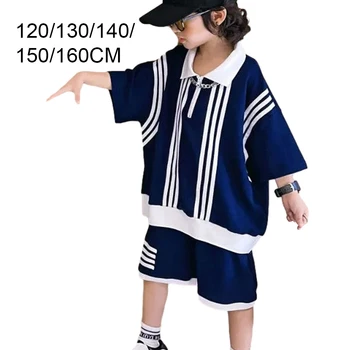 Памук детски костюм на райета, спортен дишаща цветен пуловер, кратък