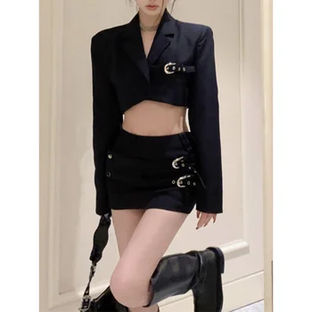Пролет 2023 г. на жените, черен костюм в корейски стил, Палта + пола, костюм от 2 теми, монтиране ретро костюм Y2k