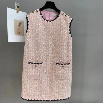 Пролетта Маркова новост 2023, Дизайнерско Дамско Твидовое рокля с пайети с Високо качество, без ръкави C890