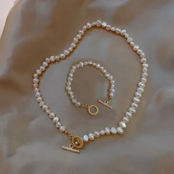Промоция на Естествени сладководни перли в бароков стил, изчистен дизайн, 14, Златни Дамски комплекти бижута За жени, Колие, Гривна