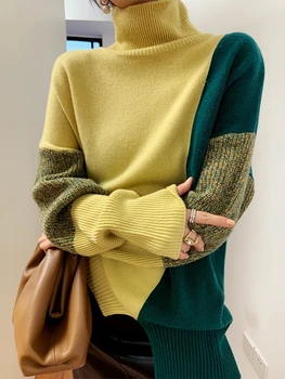 Пуловер, Нов, Есенно-зимни дрехи, Дамски топ с дълъг ръкав, Поло, Корейската мода, Елегантност, стил мозайка, Свободни Ежедневни Пуловери