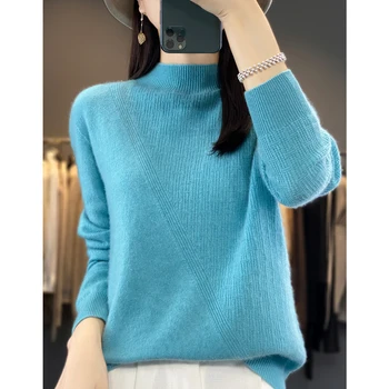 Пуловер с висока яка от 100% чиста Вълна, Есенно-Зимния Вълнен Пуловер, Дамски Ежедневни Възли Блузи, Дамски Корейската Мода, Пуловер