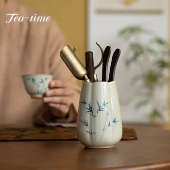Ръчно рисувани, зелен бамбук, керамика, Чаена церемония за пет мъж, Набор от инструменти за приготвяне на син и бял чай, ръчно изработени, Домакински чай набор от кунг-фу