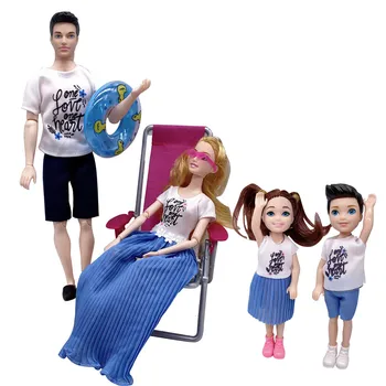 Семейни кукли 11,5 инча, кукли за родители, аксесоари за бременни Майки, плажен стол, пръстен за плуване, игра комплект за игра на Барби, предмети за куклен дом
