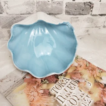 Синя Керамична купа във формата на Миди, чиния за сервиране бонбони, Купа за ядки, Тенис на тавата за съхранение на бижута, Органайзер, Тава за украшения, Вечно ястие