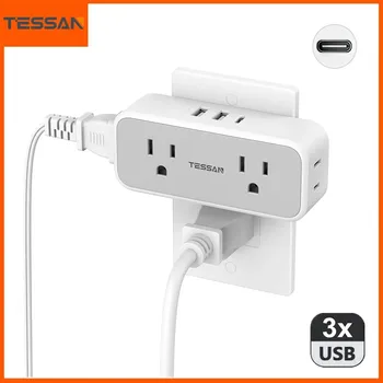 Удължителен кабел с няколко розетки TESSAN US Plug 4 розетки ac + 2 USB + 1 port Type C, Мини-захранващ адаптер за дома, за пътуване
