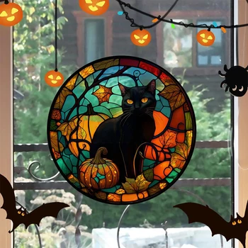 Хелоуин Замък на ужасите, Черна котка, лепенки за прозорци, Стъкло, PVC, Статични Декоративни, цветни, без лепило, за партита, Дом на стъкло