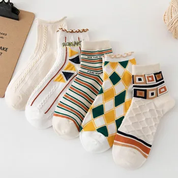 Чорапи За жените, Персонални памучни чорапи в клетката и ивица с релефни INS, Дамски чорапи със средна дължина, в британския стил I112
