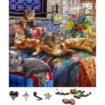 3D Дървени Пъзели Релаксиращи Кучета И Котки, Дървени Пъзели Животни Образователни игри Подарък За деца и възрастни Интелигентни пъзели Играчки