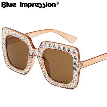 Големи Квадратни Луксозни Слънчеви Очила с кристали, Дамски Слънчеви очила с Кристали Оверсайз, Модни Слънчеви очила Vintage UV400, Дамски слънчеви Очила Gafas de sol mujer