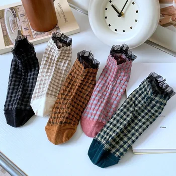Дамски Обикновена чорапи, Пролет-лято Тънки Чорапи Ins Мода, Дантелени Памучни Чорапи в Малка Клетка В Японския Ретро Стил, Универсални