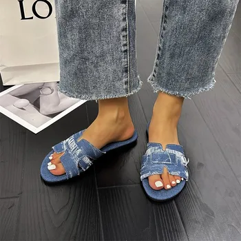 Нови сини дънкови сандали на равна подметка, дамски ежедневни улични чехли с квадратни пръсти, Дамски Елегантни чехли, Удобни плажни сандали