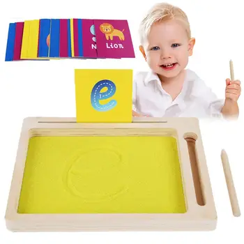 Тава за рисуване с пясък За деца Дървена кутия за премахване на пясък за писане на букви и цифри Включва карти с азбука за писане